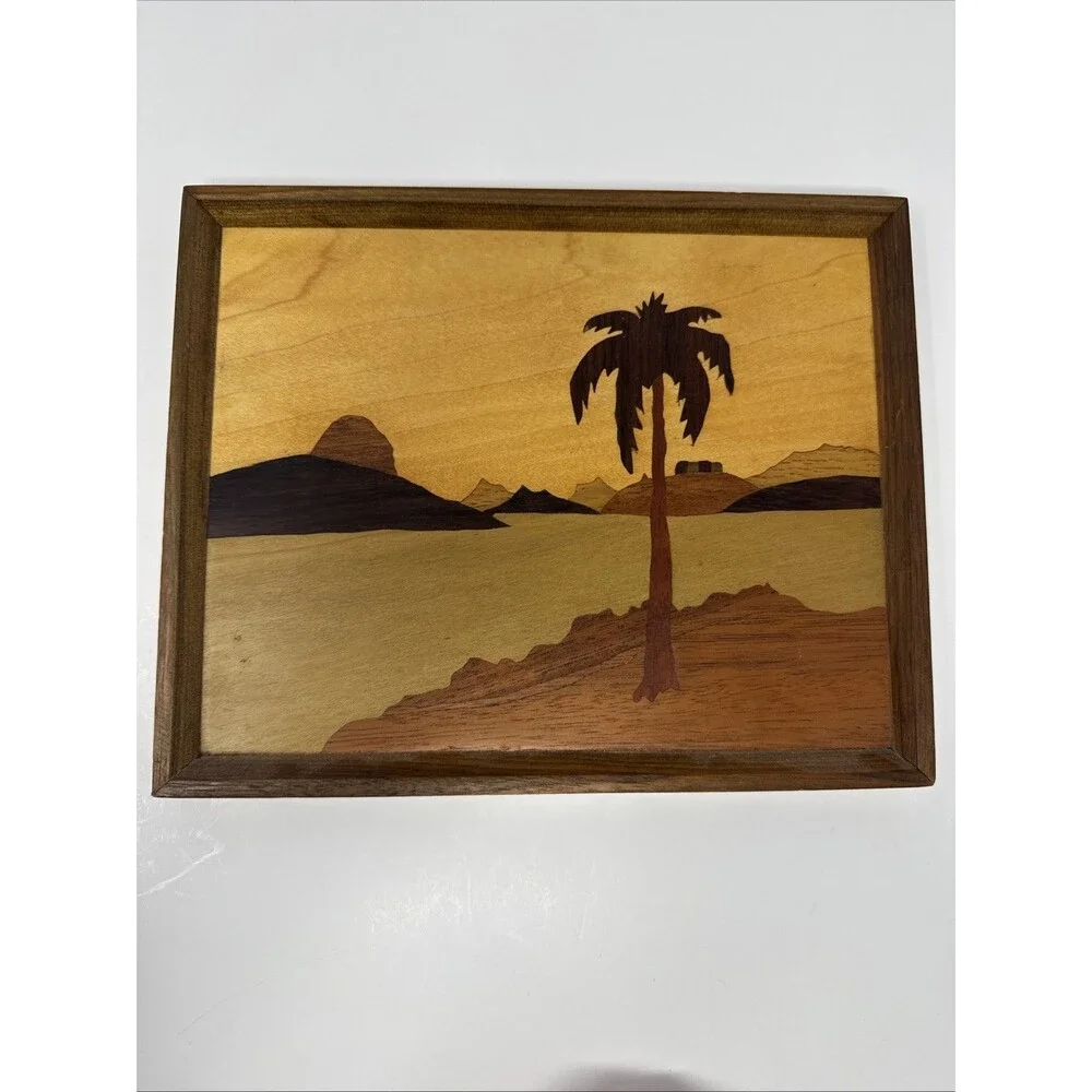 Vintage Old Wooden Inlaid Palm Tree Mountains Browns picture 9.5